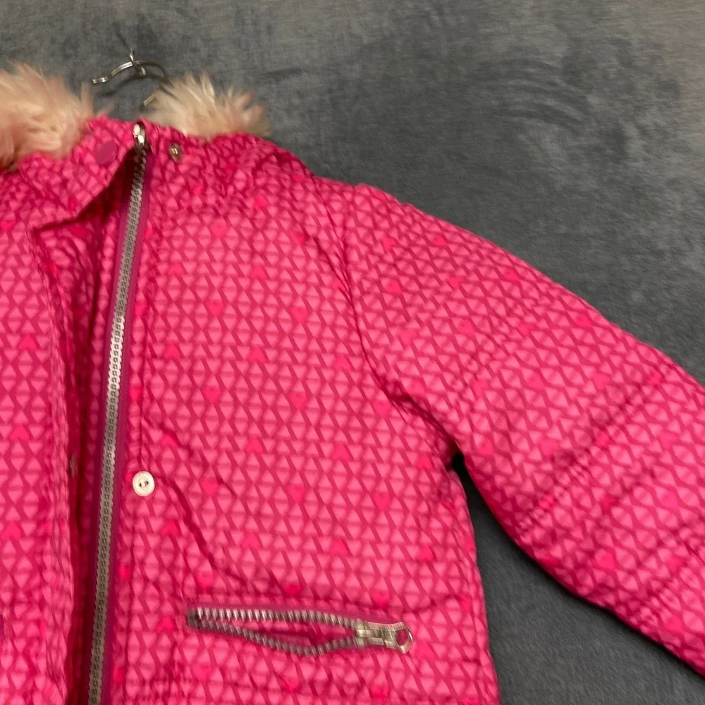 OshKosh B'gosh Hooded Puffer Jacket Girls 4T Pink Geometric Heart Print Full Zip
